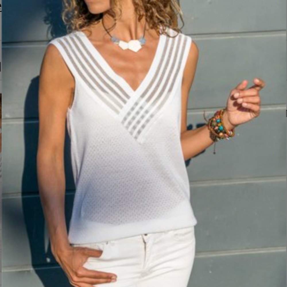 White V-Neck Mesh Stripe Sleeveless Top - Brand Unspecified